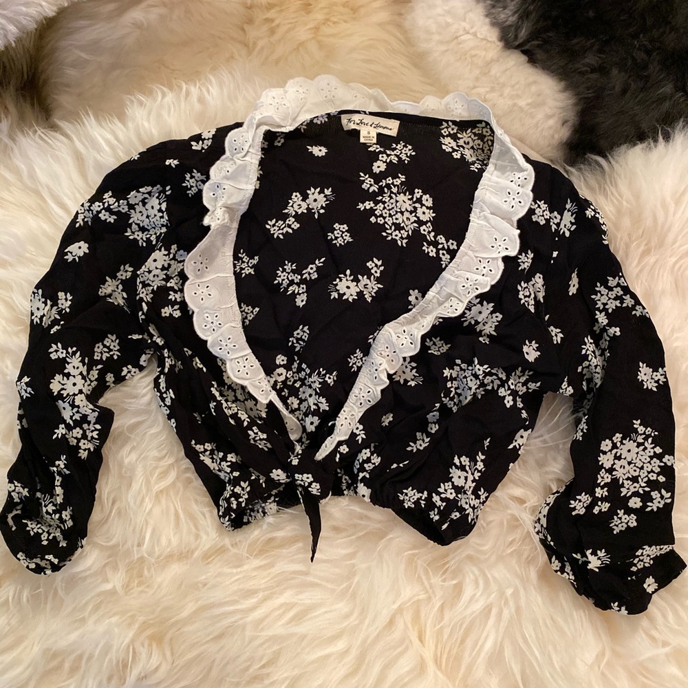 For Love & Lemons Floral 3/4 Sleeve Crop Top, S
